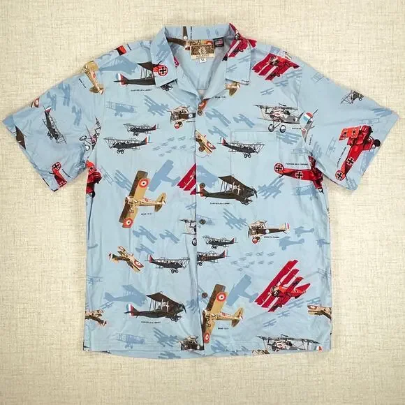 Kalaheo Mens WWII Fighter Plane Hawaiian Shirt Blue Size XL Camp Biplane - Picture 6 of 7